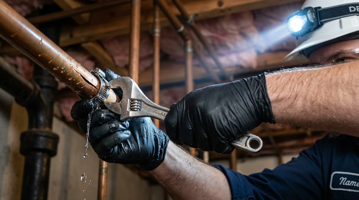 Emergency pipe clamp repair being performed by a Johns Plumbing LLC plumber in Basye